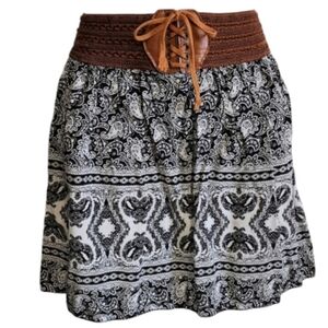 Bellotte Womens Petite Mini Skirt Elastic Tie Waist Paisley Print Black Brown